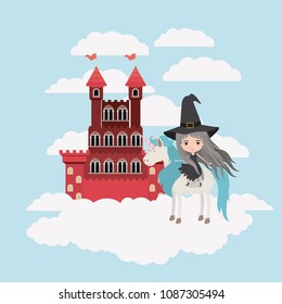 witch with unicorn in the clouds and castle