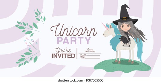 witch with unicorn invitation card