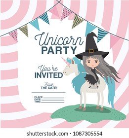 witch with unicorn invitation card