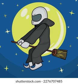 A witch using a helmet and riding on a broom vector illustration
