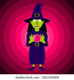The witch was using magic to look at the magic ball. Happy Halloween graphic design. Vector illustration
