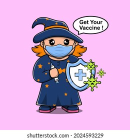 Witch Vaccination concept design. Time to vaccinate Mascot. Syringe with vaccine for COVID-19 on Halloween Themed.