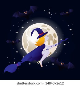 witch vampire flying on a broomstick and bats on background of the moon. template for the Halloween. Mystical illustration. Vector outline of a witch vampire girl.