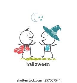 Witch with a vampire for Halloween illustration