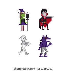 Witch, vampire, mummy, werewolf character pixel art icon set. Element design for logo, stickers, web, embroidery and mobile app. Isolated vector illustration. 8-bit sprite.