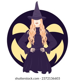 Witch vector flat illustration. Witch costume. Modern witch. Hat. Halloween, magical, mystic illustration for merch, decor, card. 