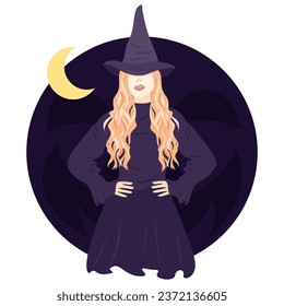 Witch vector flat illustration. Witch costume. Modern witch. Hat. Halloween, magical, mystic illustration for merch, decor, card. 