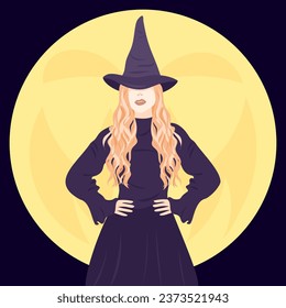 Ilustración plana vectorial de bruja. Disfraz de bruja. bruja moderna. Sombrero. Halloween, mágica, mística ilustración para la mezcla, decoración, carta.