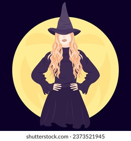 Witch vector flat illustration. Witch costume. Modern witch. Hat. Halloween, magical, mystic illustration for merch, decor, card.