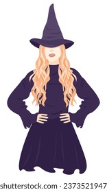 Witch vector flat illustration. Witch costume. Modern witch. Hat. Halloween, magical, mystic illustration for merch, decor, card.