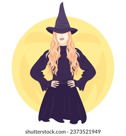 Witch vector flat illustration. Witch costume. Modern witch. Hat. Halloween, magical, mystic illustration for merch, decor, card.