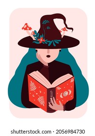 Witch vector flat illustration. Witch in hat with magic book in hand. Halloween, magical, mystic illustration for merch, decor, card.