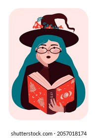 Witch vector flat illustration. Witch in hat with magic book in hand. Halloween, magical, mystic illustration for merch, decor, card.