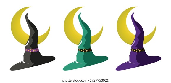Chapéus de vetor bruxa em várias cores. Chapéus de bruxa coloridos, cores brilhantes, chapéus de halloween diferentes.