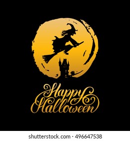 Witch vector illustration with Happy Halloween lettering for party invitation card, poster. All Saints' Eve background.