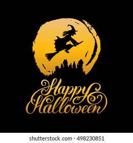 Witch vector illustration with Happy Halloween lettering. All Saints' Eve background. Festive hand sketched logo.