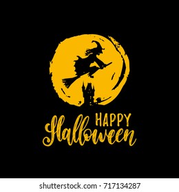 Witch vector illustration with Happy Halloween lettering for party invitation card, poster. All Saints' Eve background.