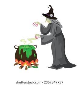 Witch vector illustration. Witch and poisonous potion cauldron. Happy halloween clip art. Witch and potion magic. Halloween character. Flat vector in cartoon style isolated on white background.
