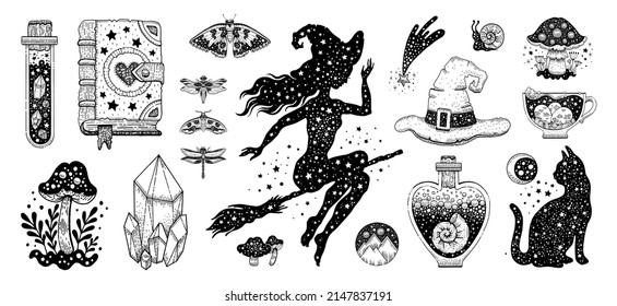 Witch Vector. Magic Halloween Illustration Set. Hand Drawn Mystic Witchcraft Icon Tattoo. Esoteric Boho Symbols. Doodle Alchemy Collection. Silhouette Of Black Cat, Witch Broom Girl. Wizard Fantasy