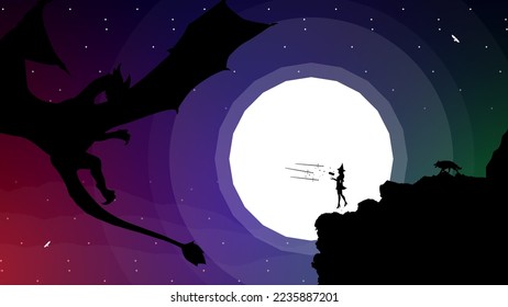 witch versus dragon illustration. witch in a cliff in the night background. fight with sword. fantasy wallpaper with mythological animal. night background with moon. landscape with moon.