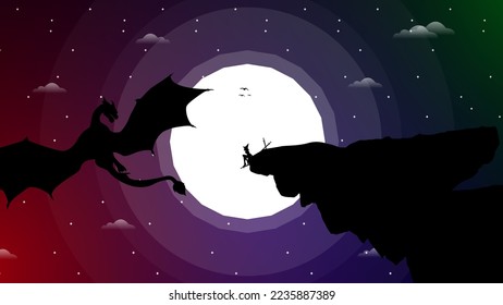 witch versus dragon illustration. witch in a cliff in the night background. fight with sword. fantasy wallpaper with mythological animal. night background with moon.