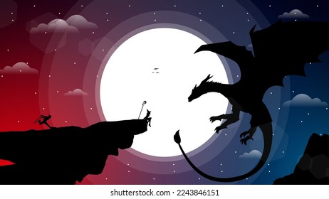 witch versus dragon illustration. fantasy wallpaper with mythological animal.