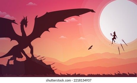 witch versus dragon illustration. floating witch with magic book in hand. fantasy wallpaper with mythological animal. sunset background. sunrise. sunset. fight with sword.