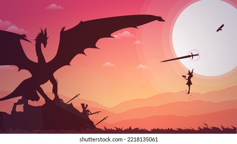 witch versus dragon illustration. floating witch with magic book in hand. fantasy wallpaper with mythological animal. sunset. fight with sword. sunset background. sunrise.