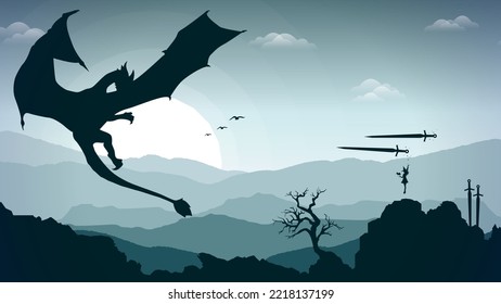 witch versus dragon illustration. mountain background. floating witch with magic book in hand. fantasy wallpaper with mythological animal. fight with sword.