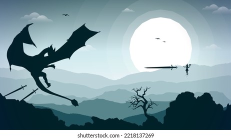 witch versus dragon illustration. mountain background. floating witch with magic book in hand. fantasy wallpaper with mythological animal. fight with sword.