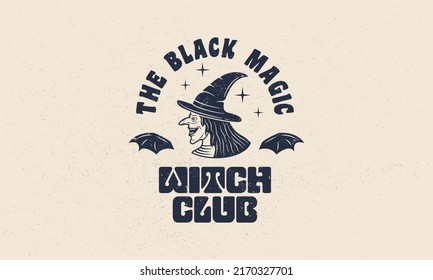 Witch vintage label, logo. Witch emblem with grunge texture. Old Witch vintage icon. Hipster design. Print for T-shirt. Vector illustration