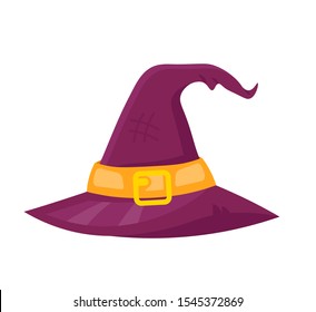 Witch violet hat flat vector illustration. Spooky sorceress headdress isolated clipart on white background. Halloween party costume design element. Masquerade clothing, magician accessory