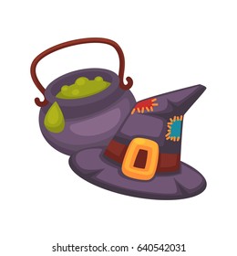Witch violet hat and pot with porridge on white