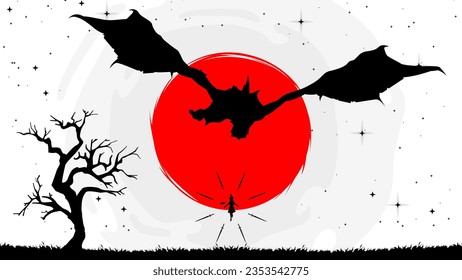 bruja contra dragón. bruja con espada vs dragón con papel tapiz de luna roja. luna roja. fondo de pantalla de fantasía. fondo de pantalla temático japonés. bruja flotante con espada.
