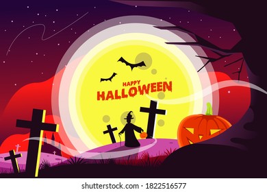 witch is walking in the canter of graveyard while holding jack o lantern head and stick in front of super moon