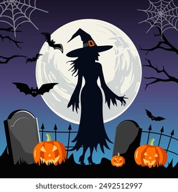 Witch walks through the cemetery. Halloween witch silhouette. Illustration witch, moon, grave, pumpkins