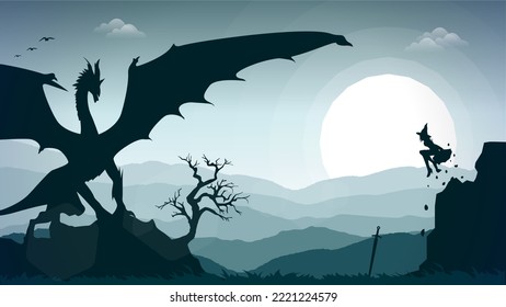 witch walpaper. witch versus dragon illustration. Woman Warrior Under Moon Night and Dark Day.	fantasy wallpaper with mythological animal. mountain background. witch floating on the rock.