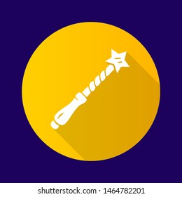 Witch wand yellow flat design long shadow glyph icon. Wizard magic wand, wooden stick. Magician, sorcerer item. Witchcraft Halloween magical tool. Mystery, miracle. Vector silhouette illustration
