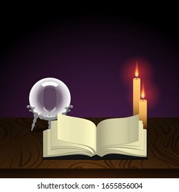 Witch or warlock wooden table, with spell book and magic crystal sphere, pagan Wicca, theurgy, cult mystical spiritualism ritual set up