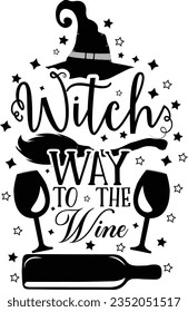 Witch way to the Wine. Funny Halloween text with witch hat and broom. Good for t shirt print, poster, card, party decoration and gift design. Illustration isolated on white background.