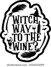 witch way to the wine funny halloween black vector graphic design and cut file