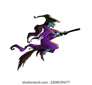 Witch Wearing A Hat Flying On The Broomstick. Halloween Illustration. Wizard, Evil, Wicked Creature. Vector.