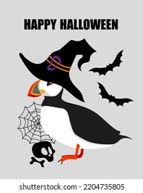 Cute Atlantic puffin with a Witch Hat, Spider Web, Skull with Bone and a Bat Halloween. Halloween Decoration, Card, Funny, Hand Drawn style print. North fauna, wildlife.Red Book bird. Vector