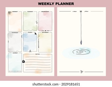 Witch weekly planner printable pages template vector design. Personal bullet journal inserts with hand drawn magical witchcraft symbols. Simple layouts for notebook with mystical doodles