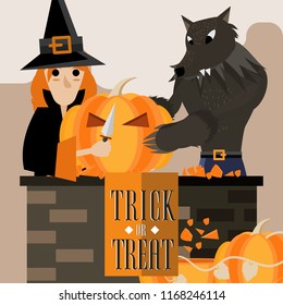 The witch and the werewolf are carving Halloween Pumpkin