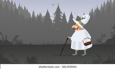 A witch in a white robe walks through the forest. Witch with a hat. Suitable for Halloween-themed designs. Isolated. Vector.