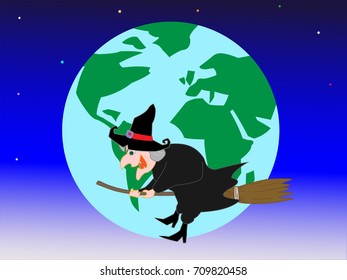 A witch who makes a round around the world on a Halloween day.