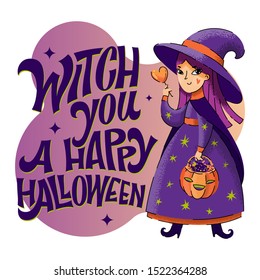 Witch (wish) you a Happy Halloween - halloween hand drawn lettering pun phrase. Funny holiday vector illustration. Cute cartoon  witch character with pumpkin bowl and candy. 