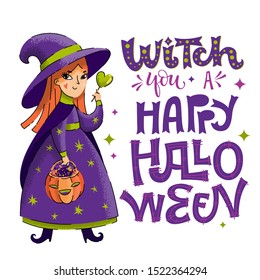 Witch (wish) you a Happy Halloween - halloween hand drawn lettering pun phrase. Isolated funny holiday vector illustration. Red hair cute cartoon witch character with pumpkin bowl and candy.