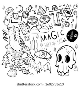 Witch and witchcraft doodles set